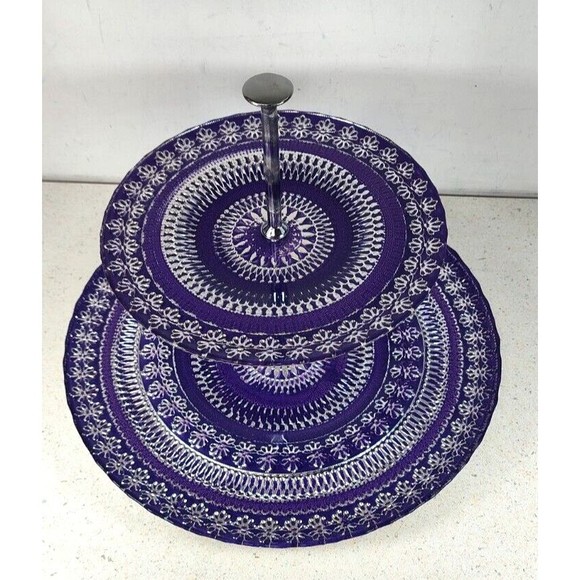 Argent Handmade Purple Silver Glass 2 Tier Serving Tray Stand Made in Turkey - Picture 3 of 15